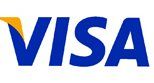 A close up of a visa logo on a white background.