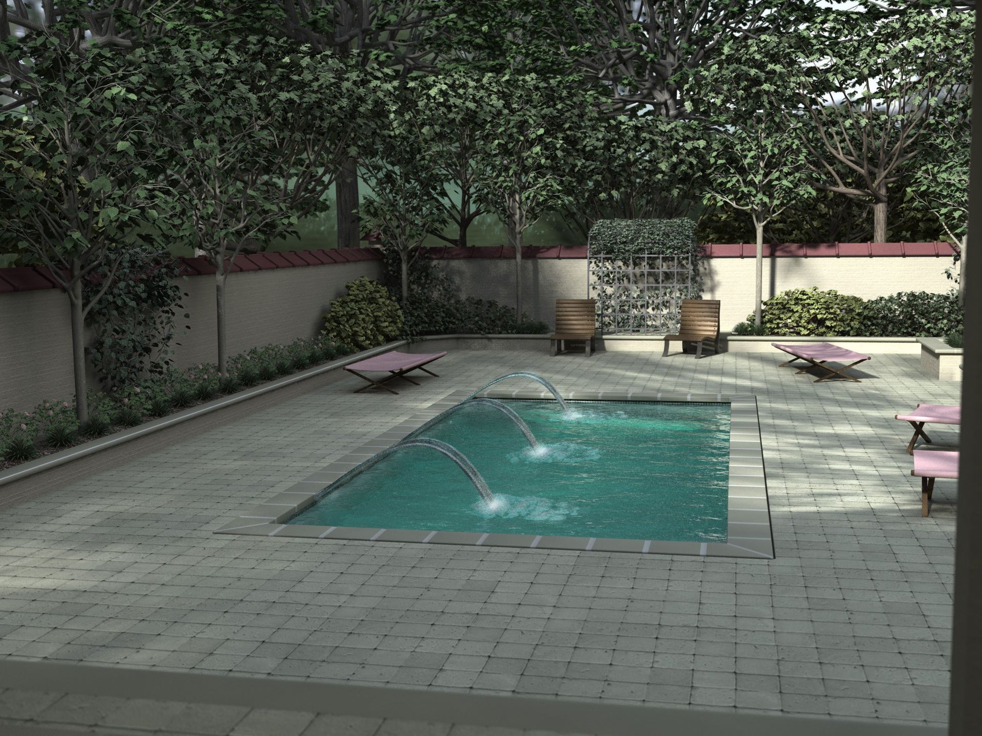 Outdoor pool with fountains, surrounded by patio, lounge chairs, trees, and a brick wall.