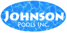 Logo for Johnson Pools Inc., a pool company, with text inside a blue oval with water effect.