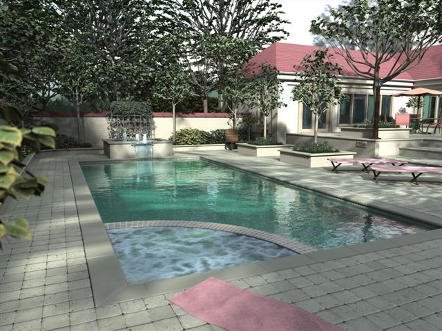 Backyard with pool, spa, and house. Green water, pink towel, patio furniture. Trees and bushes.