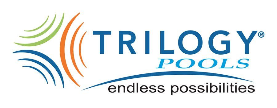 Logo for Trilogy Pools: text with three colored swooshes. 