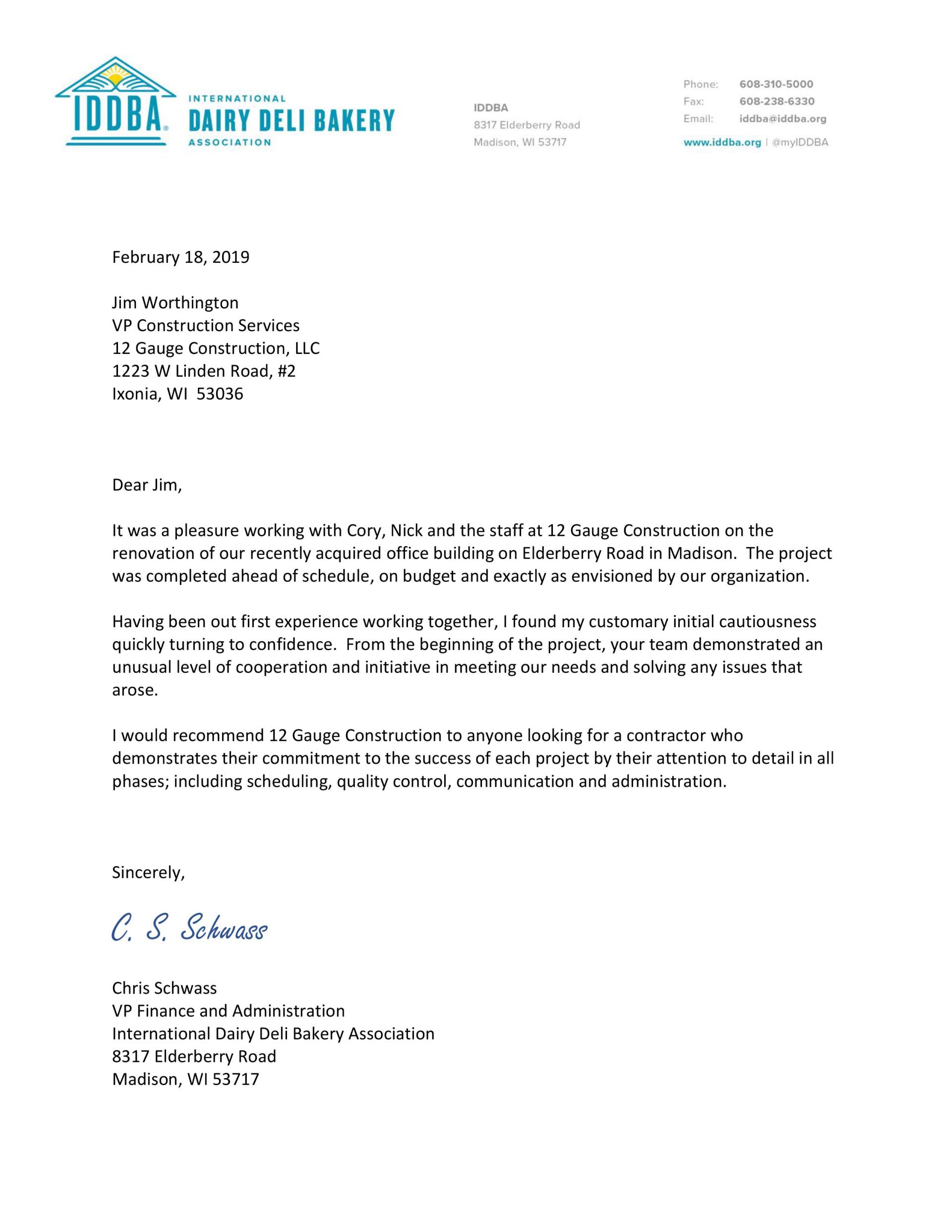 A business letter on white paper with a logo and contact information.