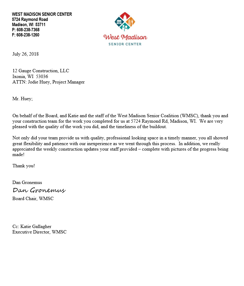 Letter from West Madison Senior Center thanking a construction company for completed work.