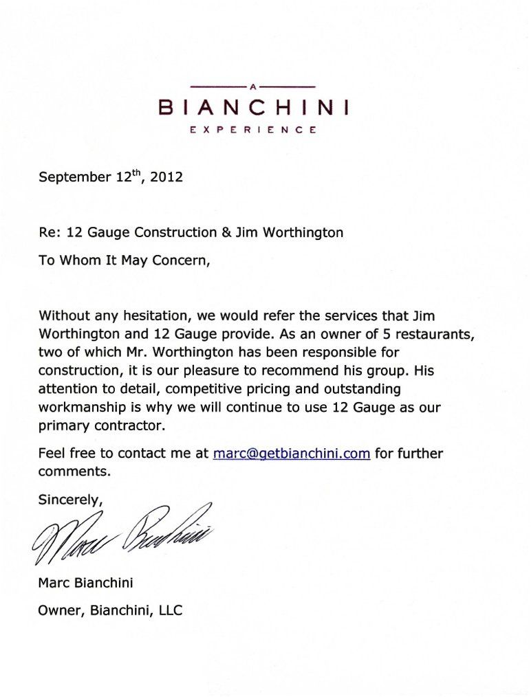 Letter of recommendation from Marc Bianchini, owner of Bianchini, LLC, for 12 Gauge Construction.