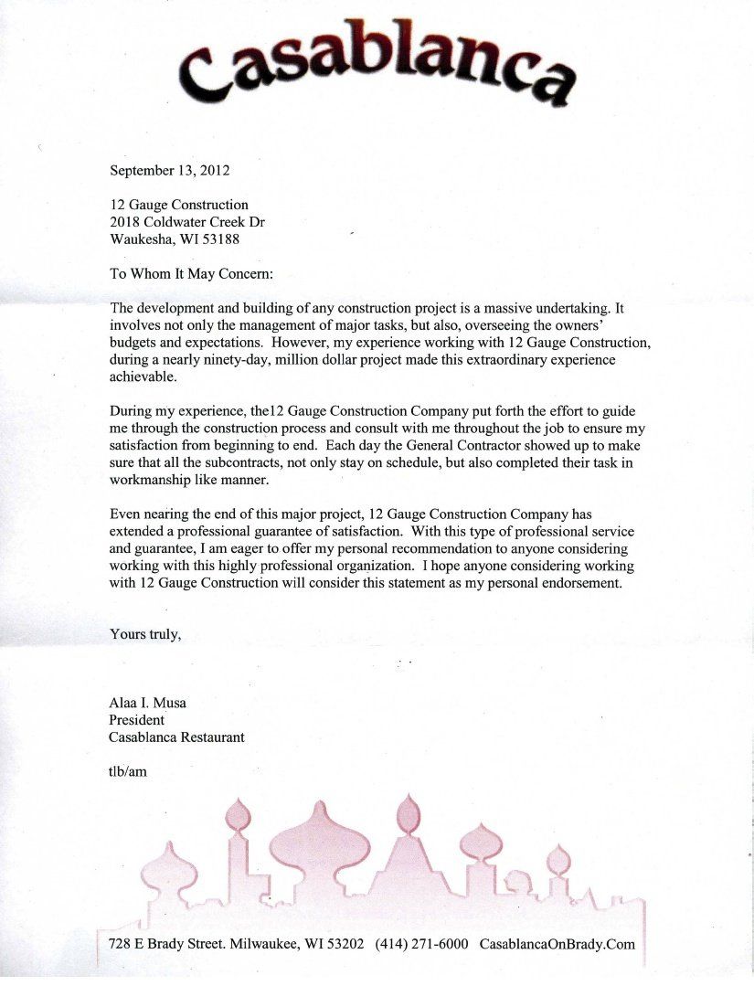 Letterhead for Casablanca Restaurant, with text of a letter. A pink architectural design is at the bottom.
