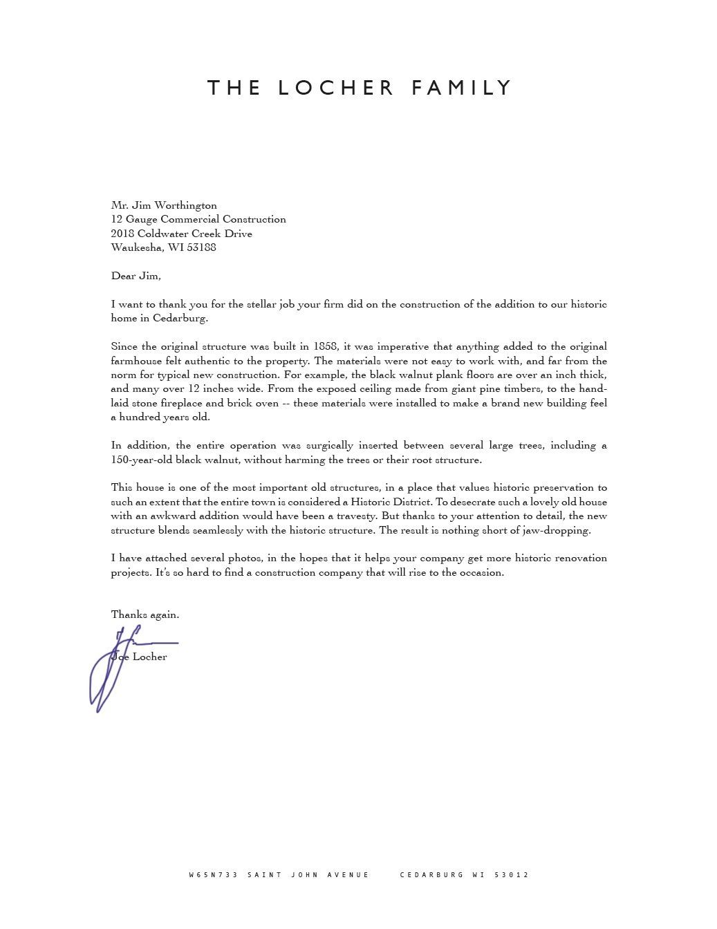 Letterhead with a letter from The Locher Family; signature at the bottom.