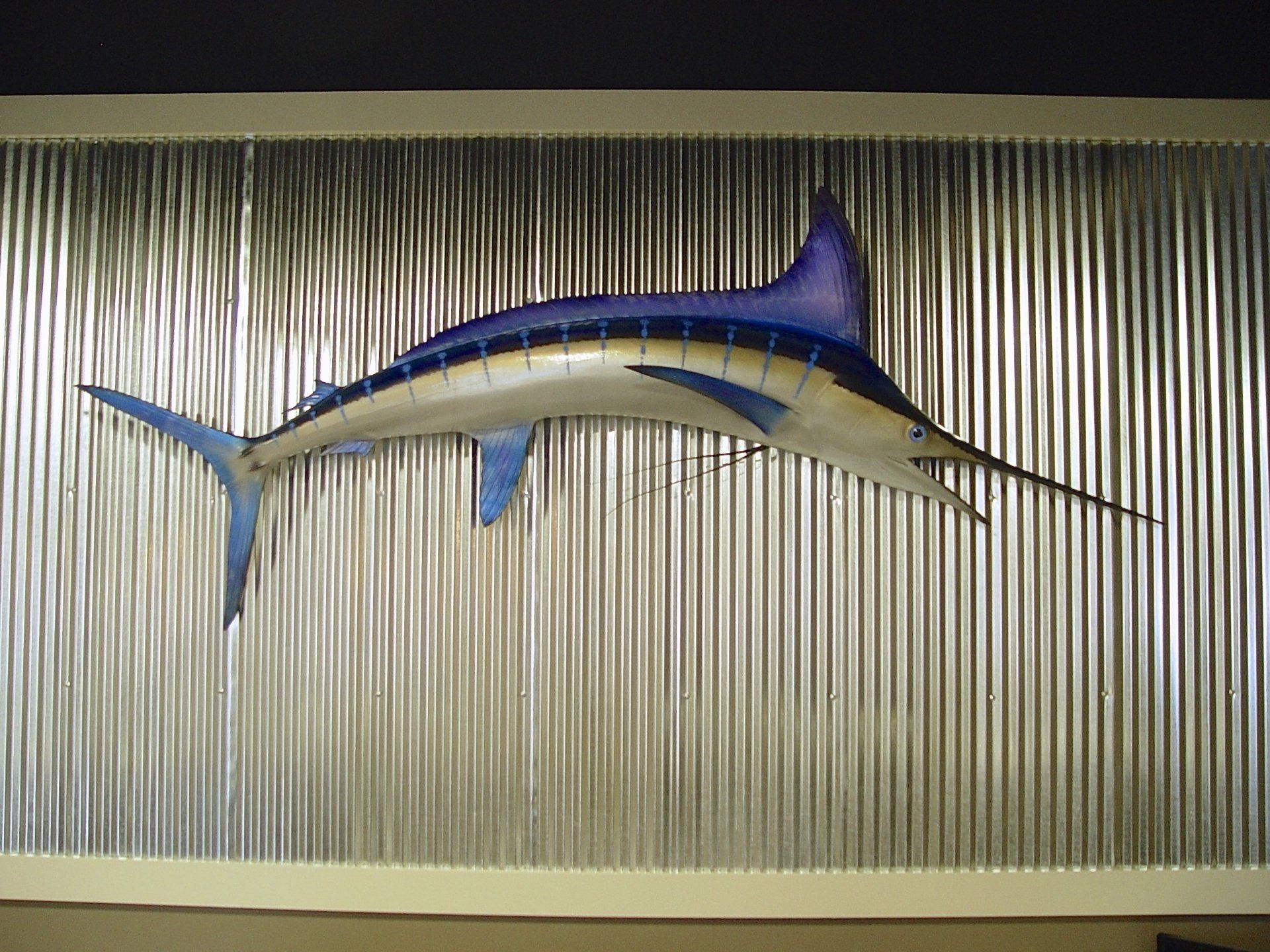 Blue marlin sculpture on corrugated metal wall.