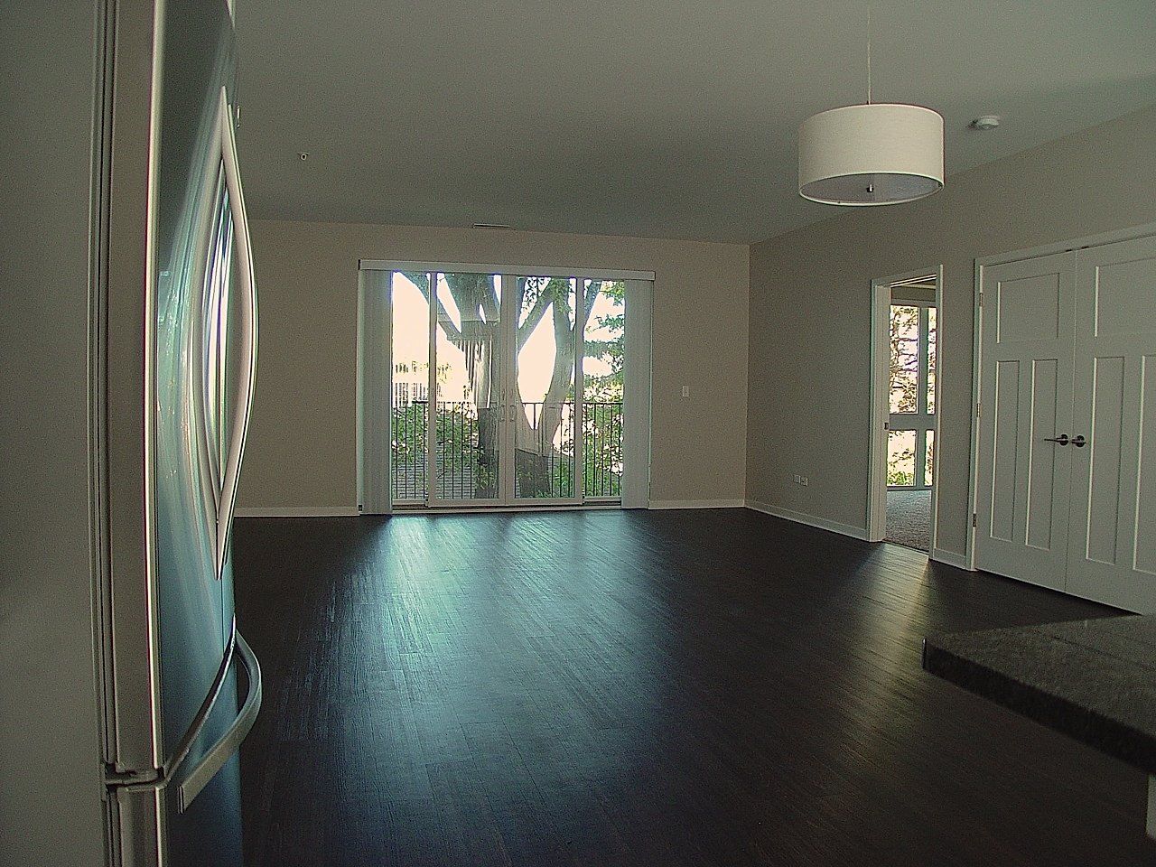 Interior of a room with dark wood floors, sliding glass door, white walls, and a light fixture.