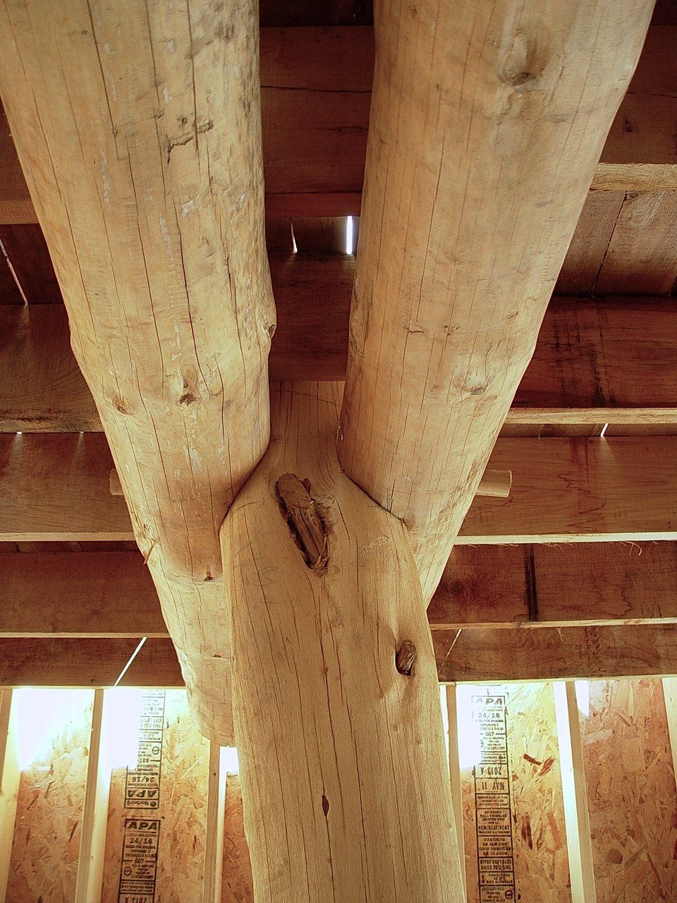 Wooden beams joined together, part of a building's structure.
