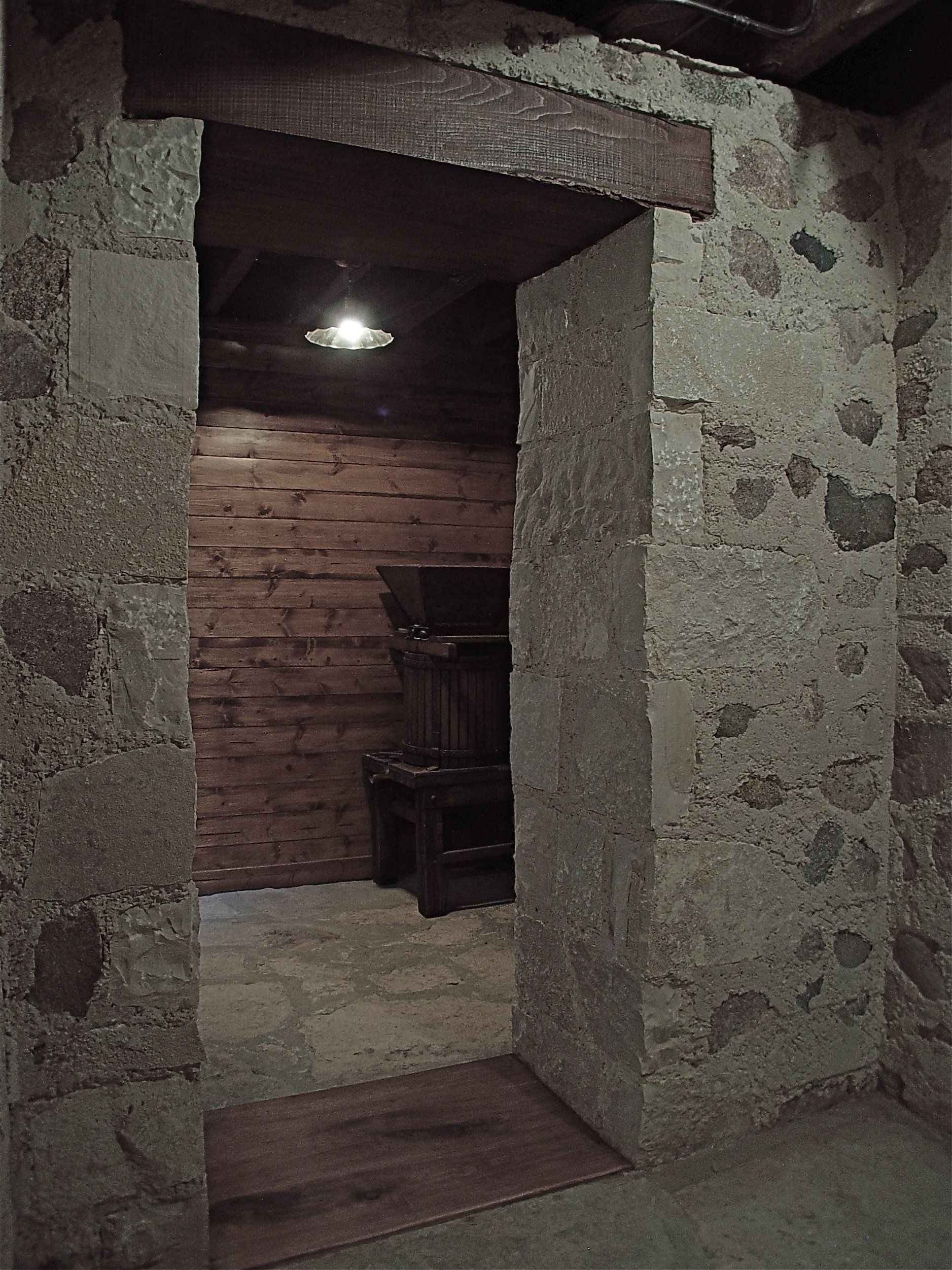 Stone doorway leading to a dim interior with wooden walls and a single light fixture.