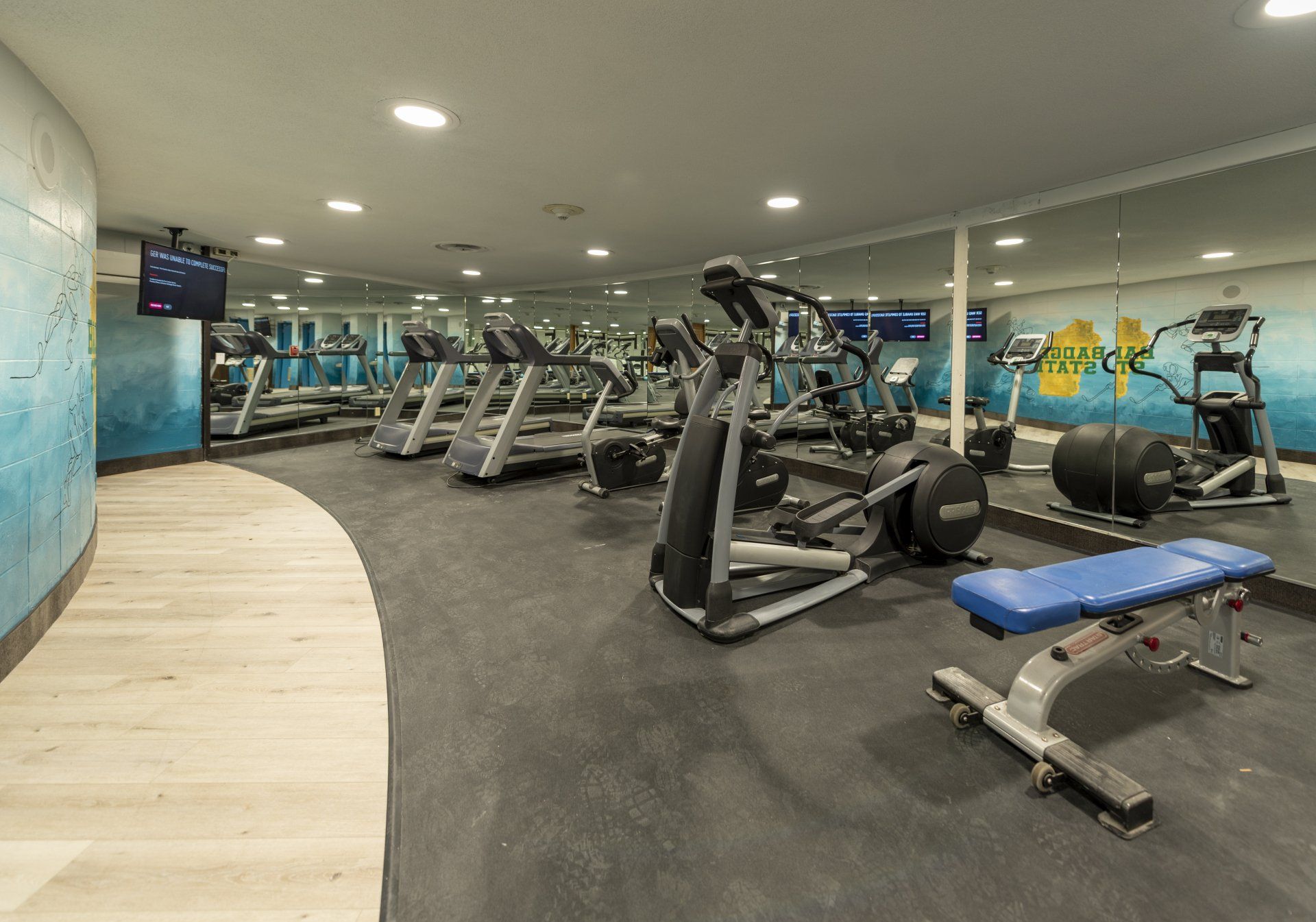 Gym with treadmills, elliptical machines, weight bench, mirrors, and blue wall art.