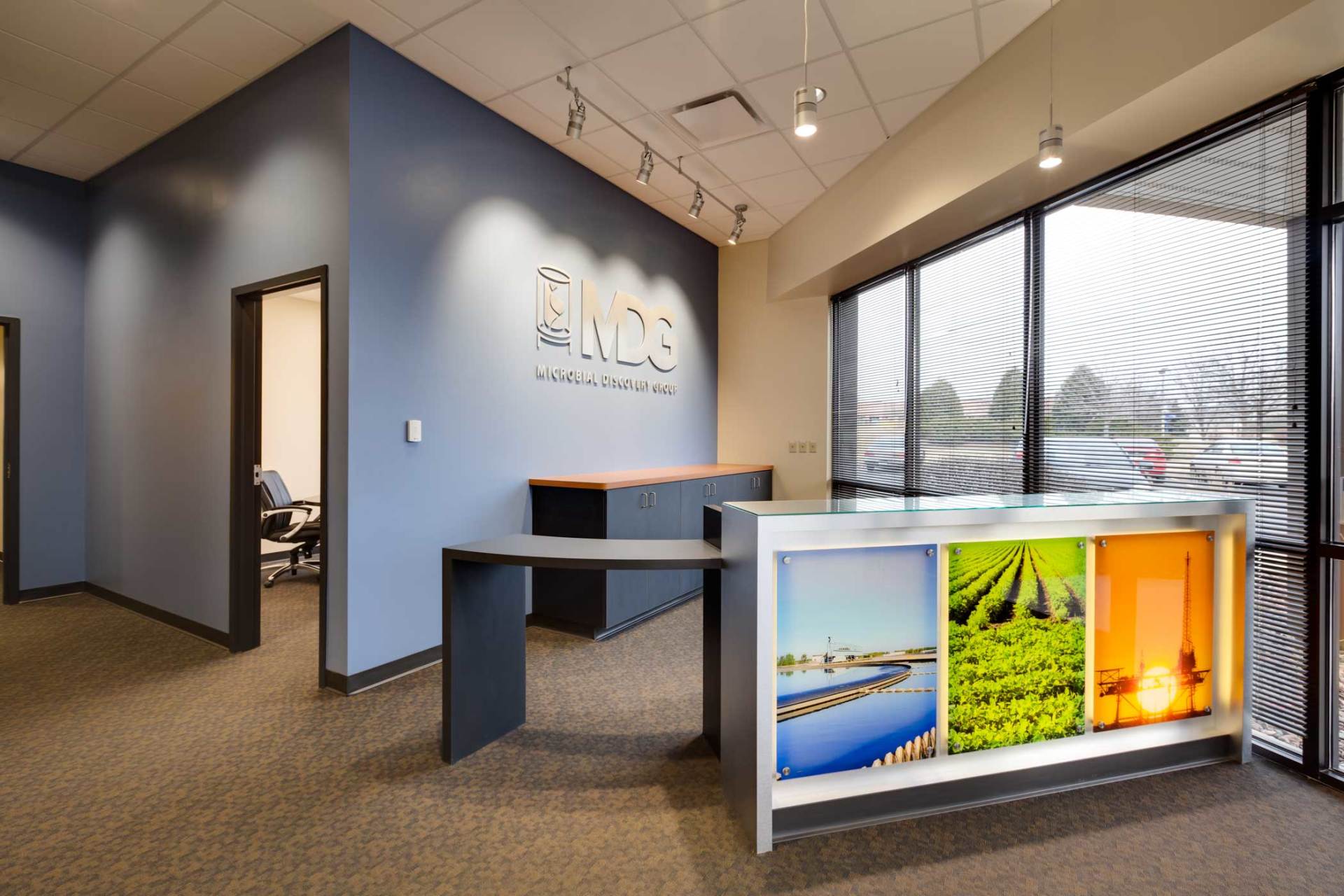 Modern office reception area with blue walls, logo, and a desk featuring colorful landscape panels.