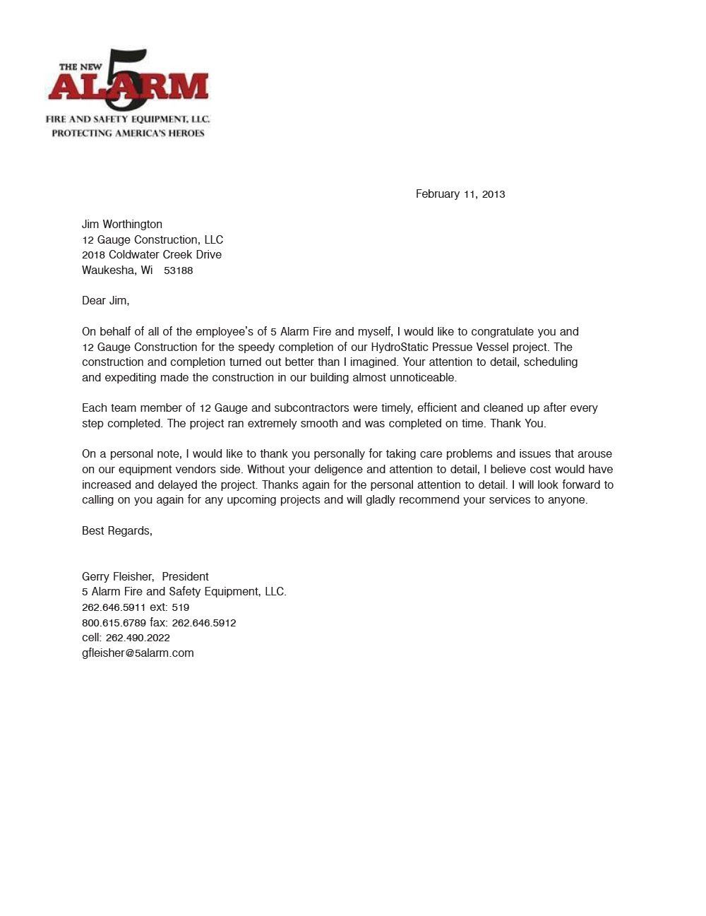 Letter from 5-Alarm to a client, describing services and contact information, white background, black text.