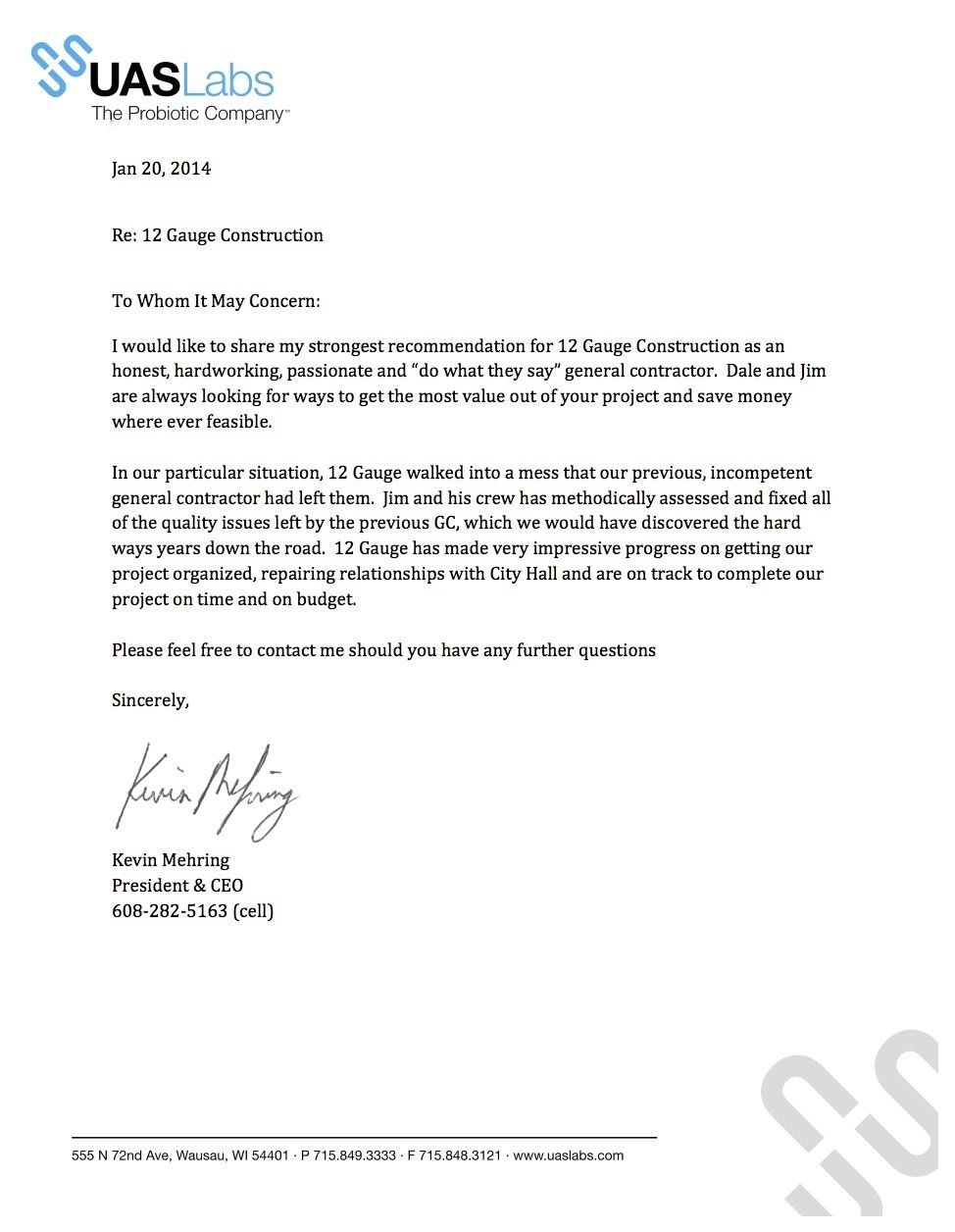 Letterhead from UAS Labs, with a letter addressing the 12 Gauge Connector, signed by Kevin Armstrong.