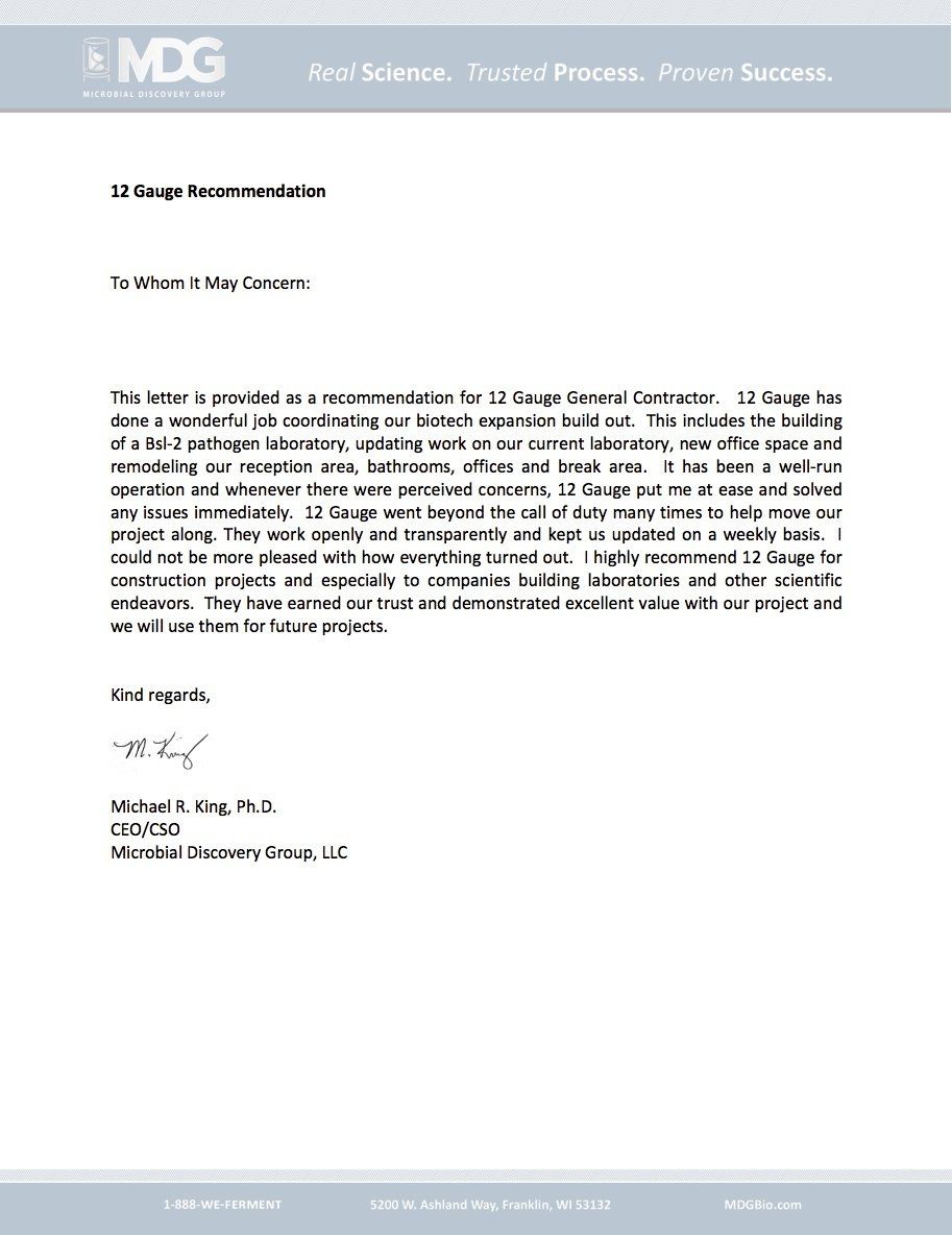 Letterhead with a letter from MDG, a consulting company. The letter discusses a recommendation.