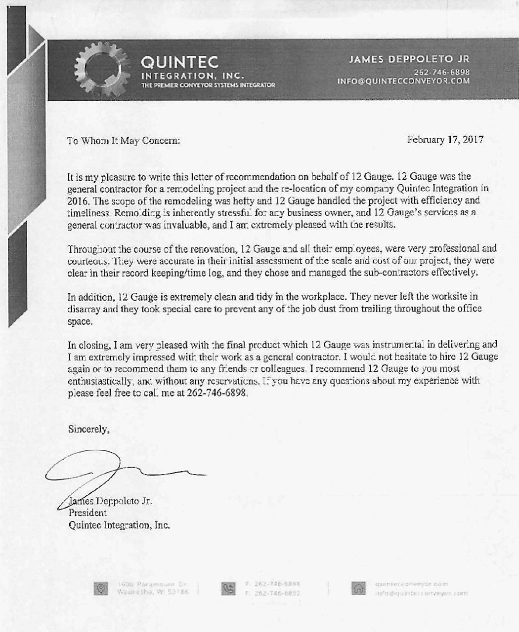 Letter from Quintet, Inc. detailing recommendations for a project, signed by James DeFolo, Jr.