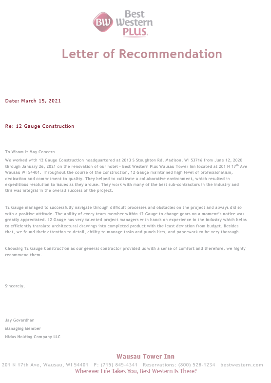 Letter of Recommendation from Best Western PLUS; includes date, recipient, and signature.