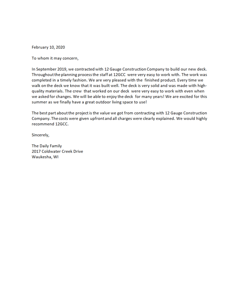 Letter thanking a company for the deck they built. The letter is on white paper with black text.