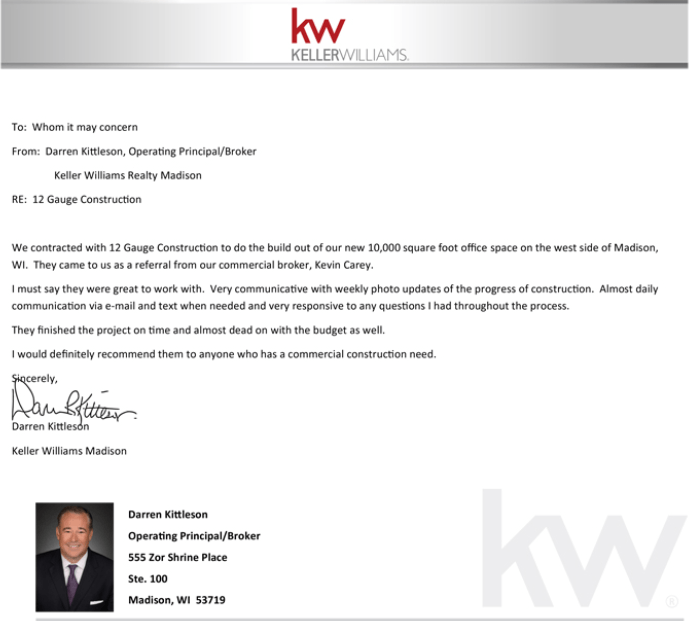 Letter of recommendation from Keller Williams Realty Madison, praising 12 Gauge Construction's work.
