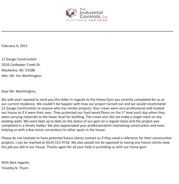 Letterhead with text: Testimonial letter from a homeowner to a construction company about their completed home gym.