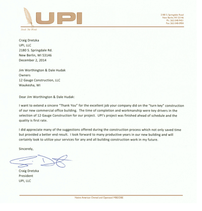 Letterhead with a letter from Craig Dretzka of UPI, LLC to Jim Worthington & Dale Pudak of 5J Garage Construction.