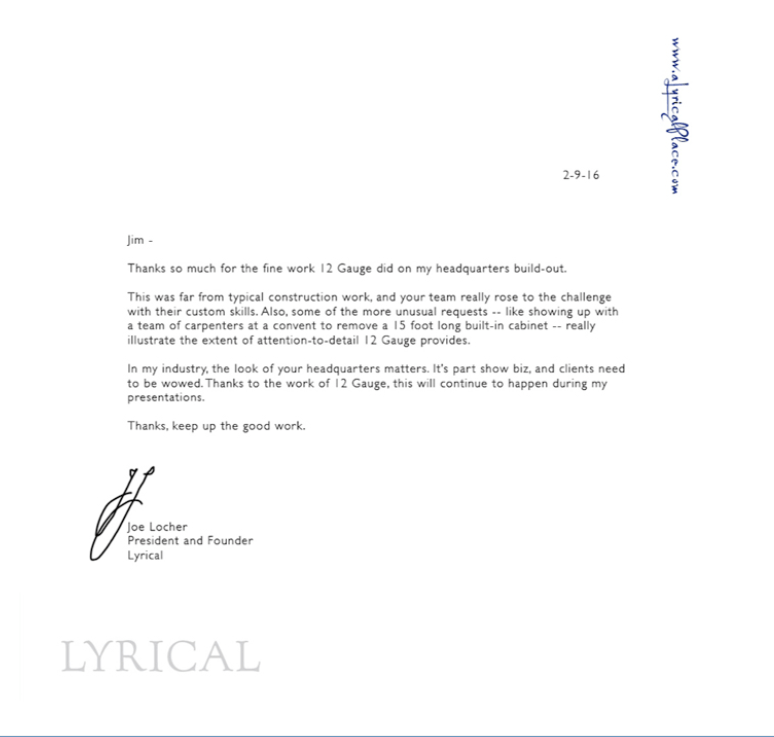 A letter of thanks from Joe Losher, President and Founder of Lyrical. It includes his signature and 12 Gauge's work.