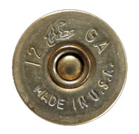 Shotgun shell base with markings: 12 GA, Made in U.S.A., and a logo.