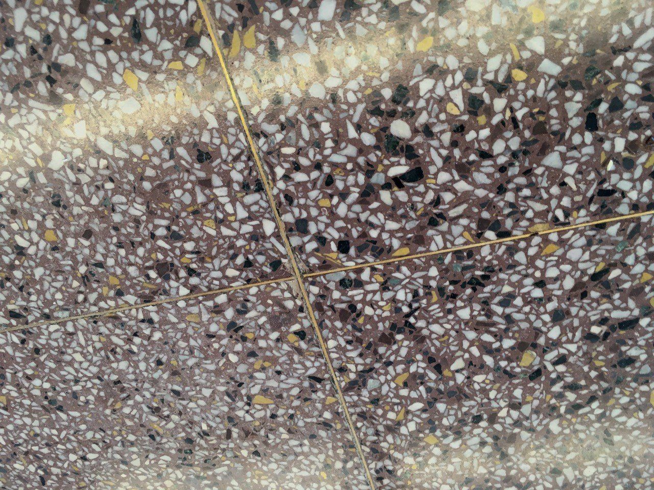 Terrazzo floor with brown, black, white, and gold aggregate, divided by golden lines.