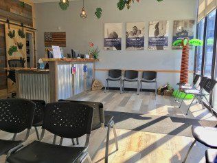Reception area: chairs, desk, posters, palm tree, wood flooring.