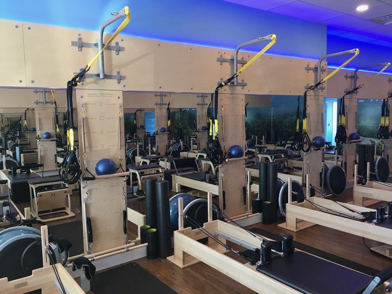 Gym with multiple rowing machines, mirrors, and workout equipment. Blue and neutral colors, indoor setting.