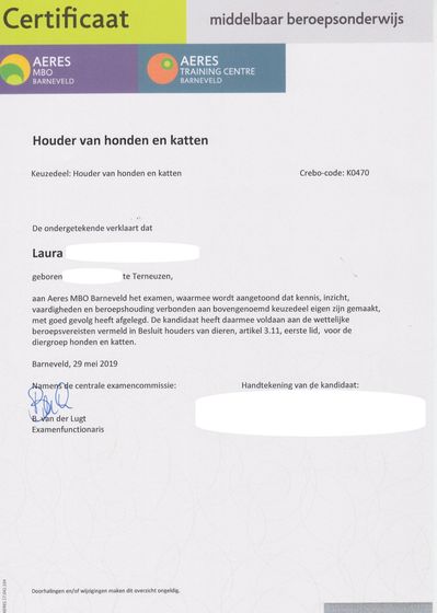 Certificaat besluit houder van dieren, hond en kat besluit houder van dieren, hond en kat. Cattery One in a Million