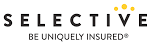 Selective insurance logo with black text and yellow dot accents, plus tagline “Be uniquely insured.”