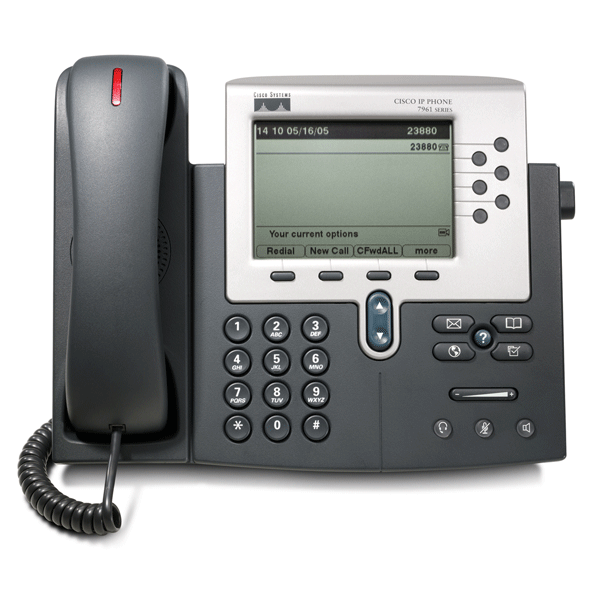 A Cisco IP phone with a digital screen, number pad, and handset, set against a plain white background.