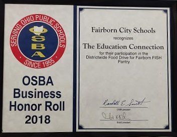 A 2018 OSBA Business Honor Roll certificate presented by Fairborn City Schools to The Education Connection.