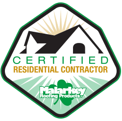 Certified Residential Contractor badge with green border and Malarkey Roofing Products logo