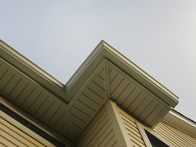 Close-up of a house roof corner with beige siding and soffit against a gray sky