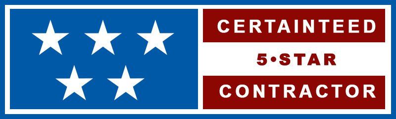 Blue and red CertainTeed 5-Star Contractor badge with stars and a striped flag design.