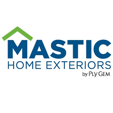 Mastic Home Exteriors logo with blue text and green roof icon, by Ply Gem