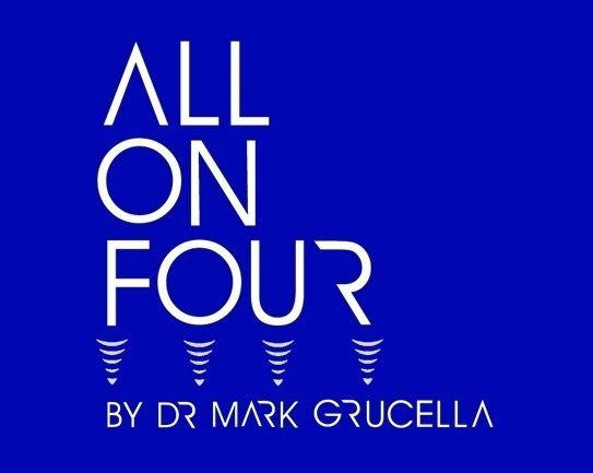 Blue poster reading “ALL ON FOUR” with “BY DR MARK GRUCELLA” in white text.