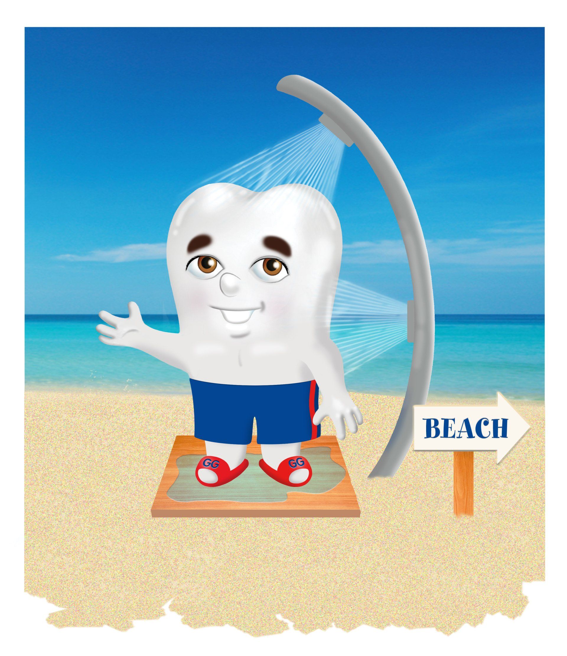 Cartoon tooth smiling under a beach shower, standing on a mat beside a “BEACH” sign.