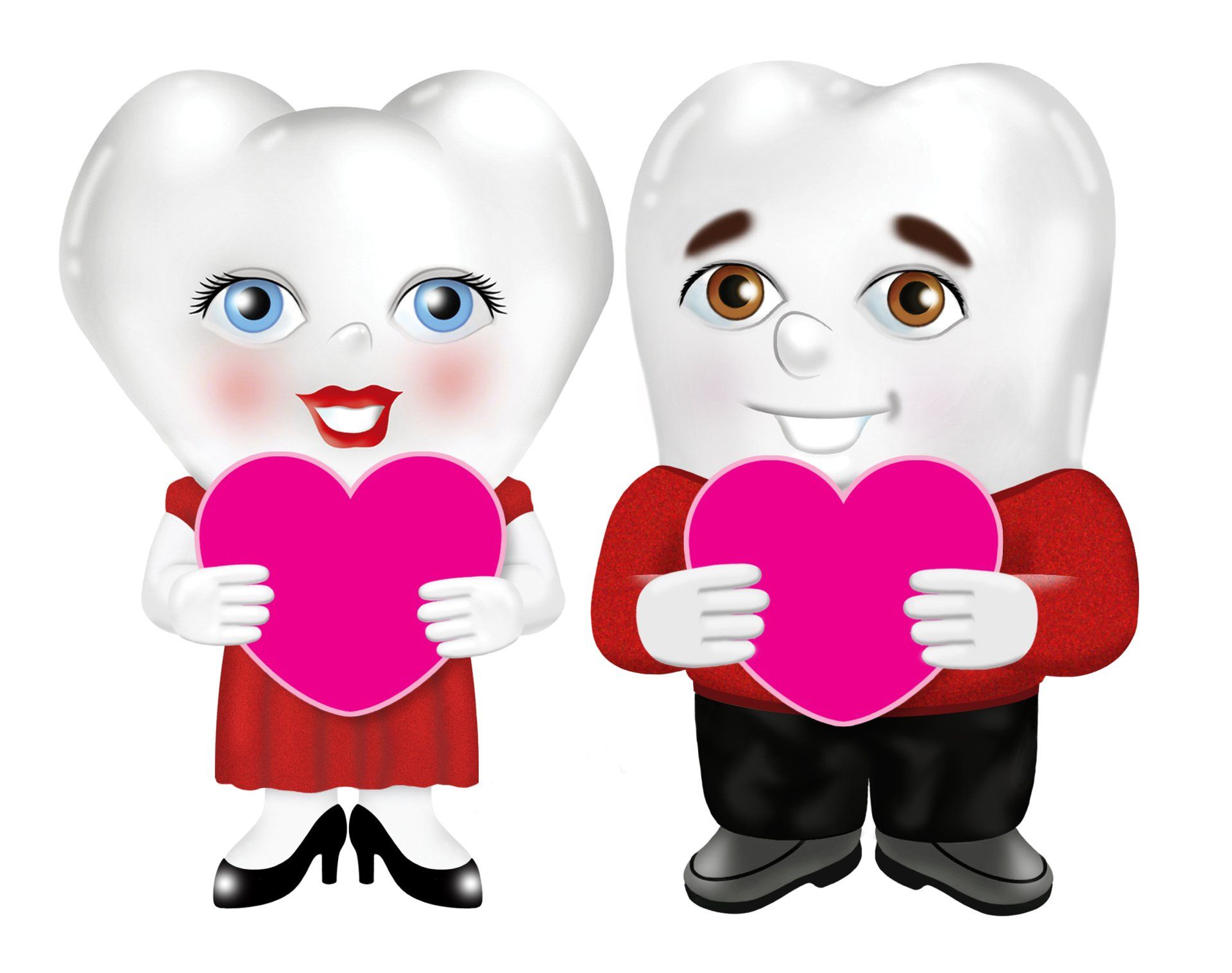 Two cartoon heart characters holding pink hearts, one in a red dress and one in red shirt and black pants.