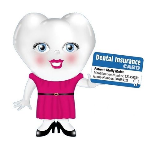 Cartoon tooth holding a blue dental insurance card, wearing a pink dress and black shoes