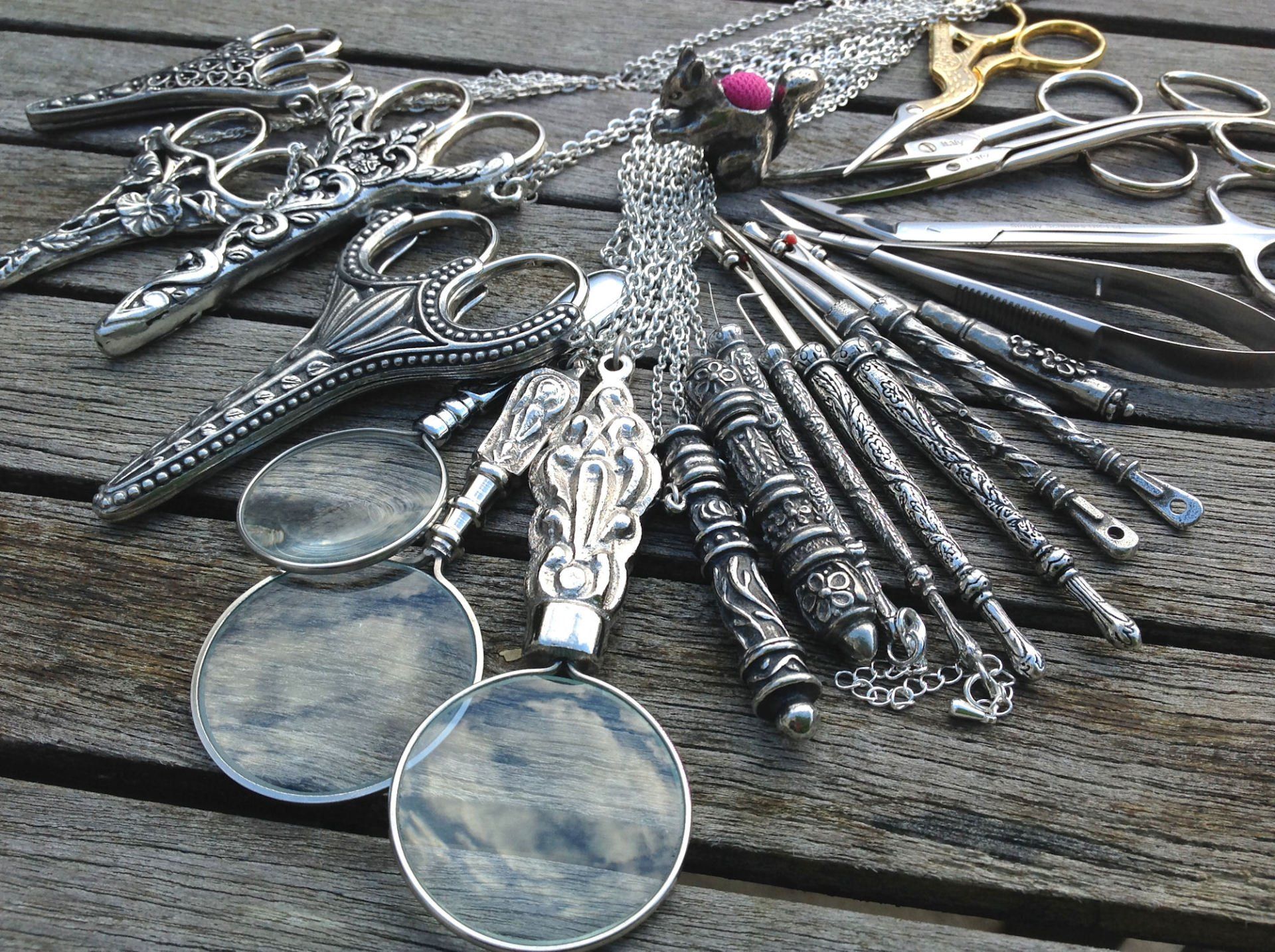 Picture of various needlework scissors and tools and link to the Needlework Scissors & Tools page Picture of various needlework scissors and tools and link to Needlework Scissors & Tools page