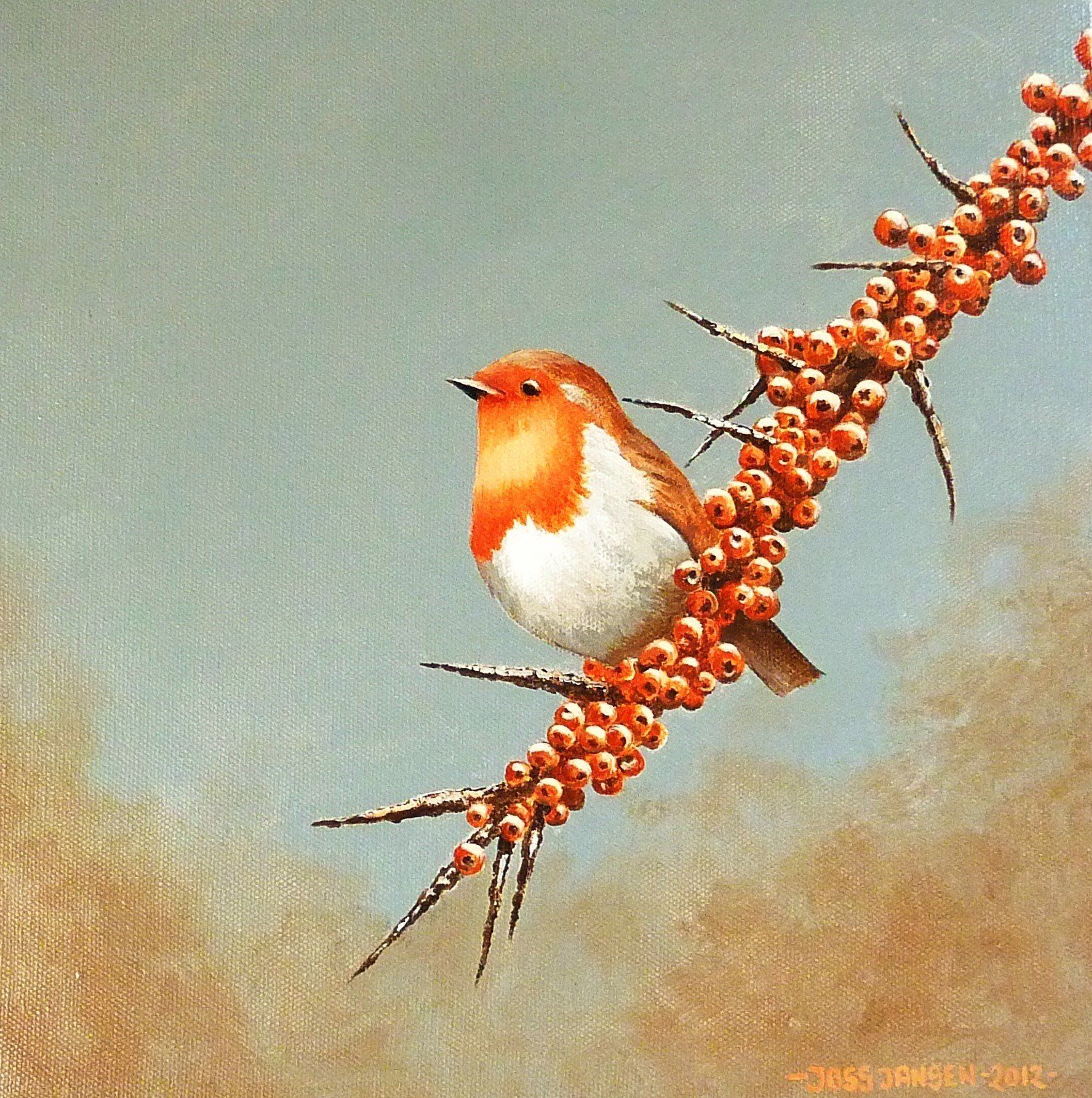 Roodborstje, acryl, 30 x 30 cm. Verkocht Roodborstje
