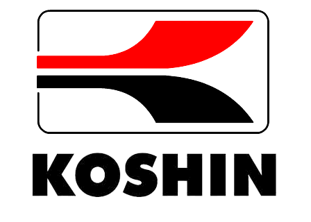 Koshin logo featuring bold black lettering with red and black abstract emblem.