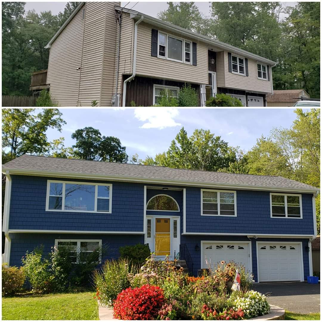dark blue vinyl siding with azek trim Mastic dark blue vinyl shake siding installation with azek trim