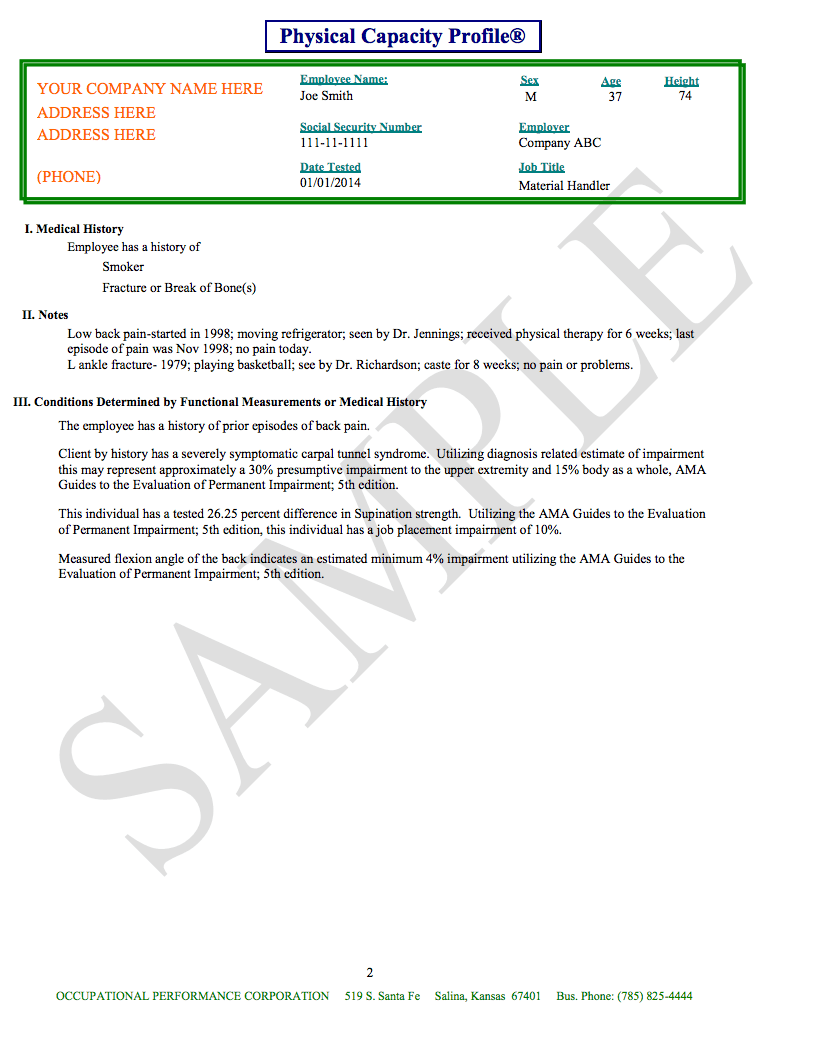 physical exam test report - Physical Capacity Profile