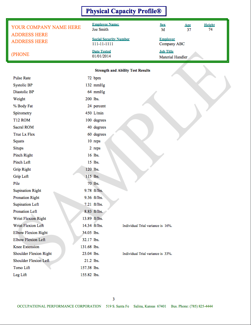 Documents the strength and ability test result values