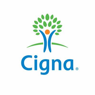 A cigna logo with a tree and a person in the middle