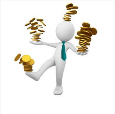 cartoon balancing stacks of money